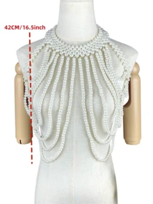1件新款高端手工编织女士珍珠披肩时尚串珠肩链新娘披肩，珍珠身体链套装适合在酒吧、派对、万圣节、圣诞节、音乐节和其他场合穿着。 - 白色 - 查看 6