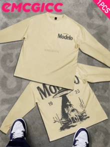 EMCGICC Street Life Men's Y2k Style (250 Cotton T-Shirt) Long Sleeve Shirt, Cotton Graphic T-Shirt, Men's Hip Hop Style - Long Sleeve T-Shirt, Fun Vintage Shirt, Regular Fit, Street Style, Halloween, Digital Print, Ideal Gift - 米色 - 查看 1