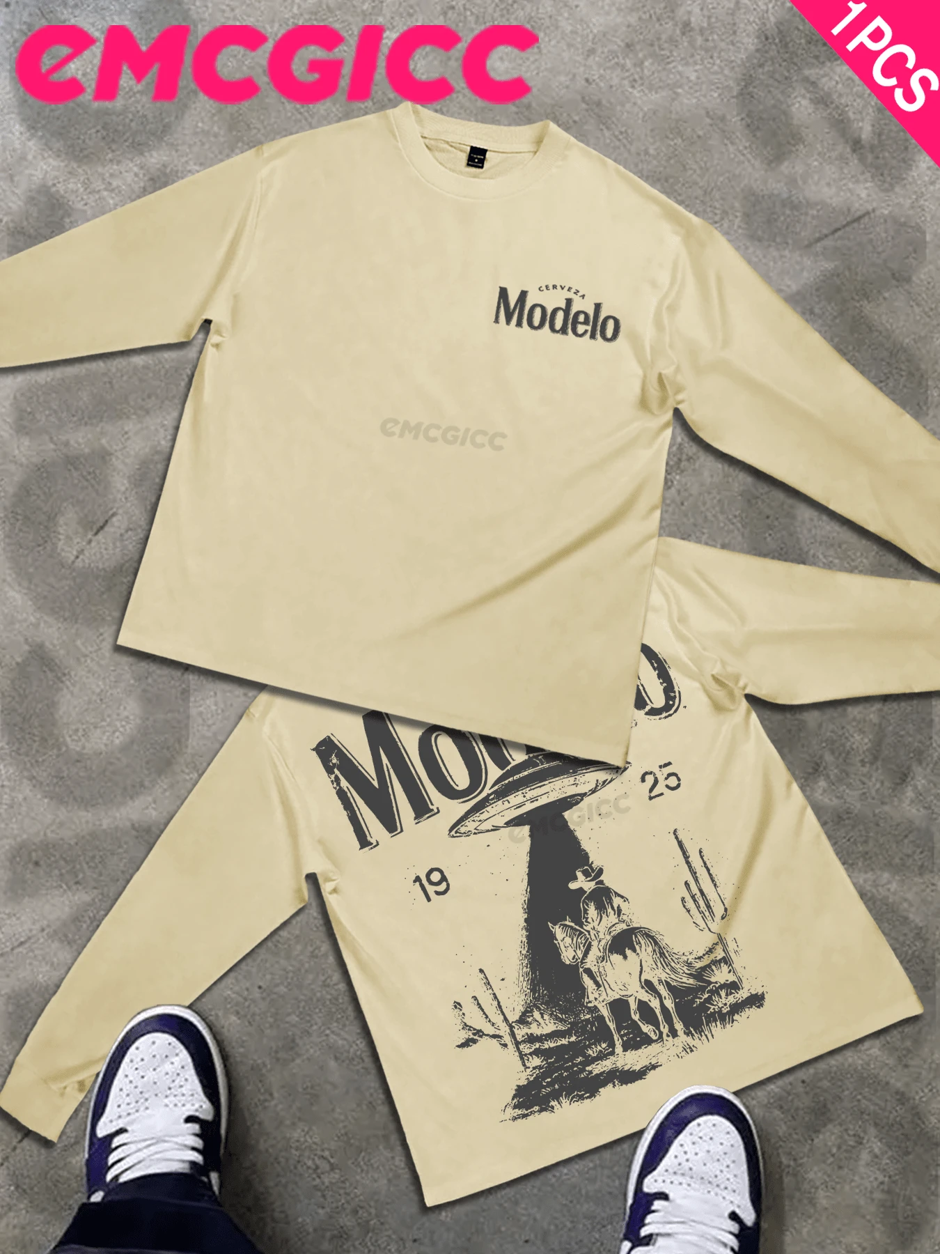EMCGICC Street Life Men's Y2k Style (250 Cotton T-Shirt) Long Sleeve Shirt, Cotton Graphic T-Shirt, Men's Hip Hop Style - Long Sleeve T-Shirt, Fun Vintage Shirt, Regular Fit, Street Style, Halloween, Digital Print, Ideal Gift - 米色 - 查看 1