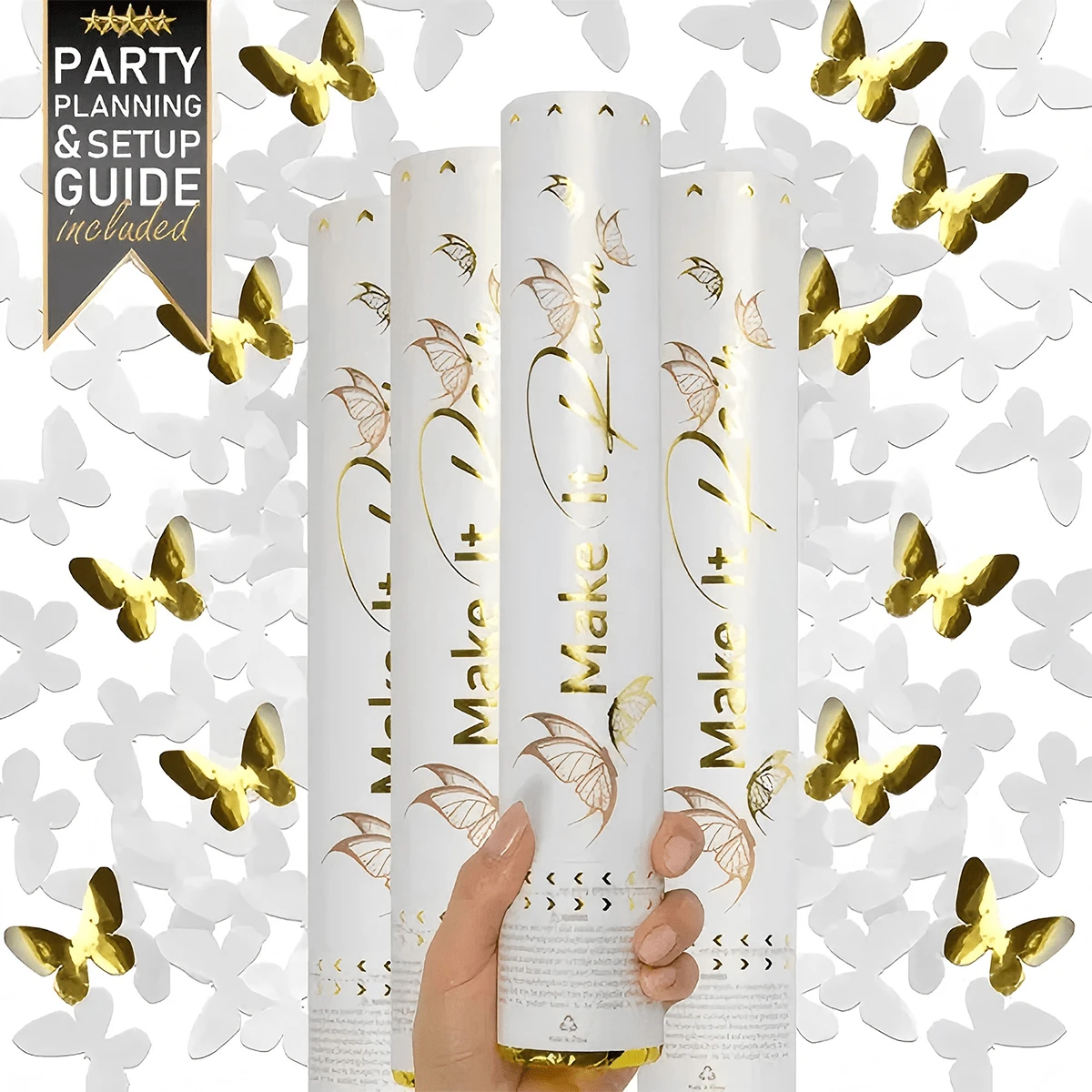 Paquete de 4 petardos de confeti dorados, cañones de confeti para eventos y celebraciones de cumpleaños, serpentinas y petardos a granel. - Blanco - Ver 1