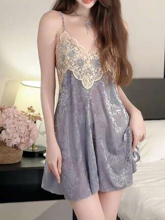 1pc Sexy Lingerie Set, Women's Thin Strap Nightgown, Pure Desire, Ribbon, Padded Bust, High-End Lace Sleepwear Set