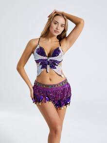 Conjunto de atuendo de actuación con lentejuelas y flecos, sujetador colorido + cadena para la cintura, disfraz de escenario de discoteca, disfraz de danza del vientre - Multicolor - Ver 10