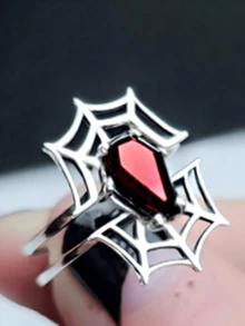1 件独特的万圣节蜘蛛网宝石金属银色戒指，时尚尺寸可调节戒指适合户外、派对、万圣节活动