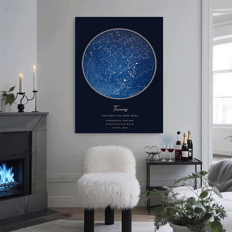 Framed A Personalized Star Map Featuring A Specific Date And Location, Creating Unforgettable Memories. This Canvas Print Of A Custom Constellation Map Is Perfect For Birthdays, Weddings, Romantic Anniversaries, Engagements, Graduations, And The Night Of A Couple'S First Meeting. - Framed - View 1