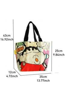 黑色蜡笔小新紧凑型手提包，可折叠扁平手提包，轻质棉质帆布，大胆人物印花，加固手柄，内有拉链口袋，可容纳杂货、书籍、旅行必需品，可重复使用，可机洗，适合动漫粉丝和收藏家的礼物 - 黑色 - 查看 2