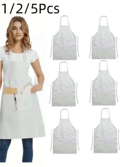 1/2/5 Pezzi Set, Grembiule in Poliestere da Donna, Stile Semplice Bianco con Tasche, Grembiule in Vita Spesso, Abbigliamento da Lavoro Domestico e da Cucina alla Moda, Forniture per la Cucina