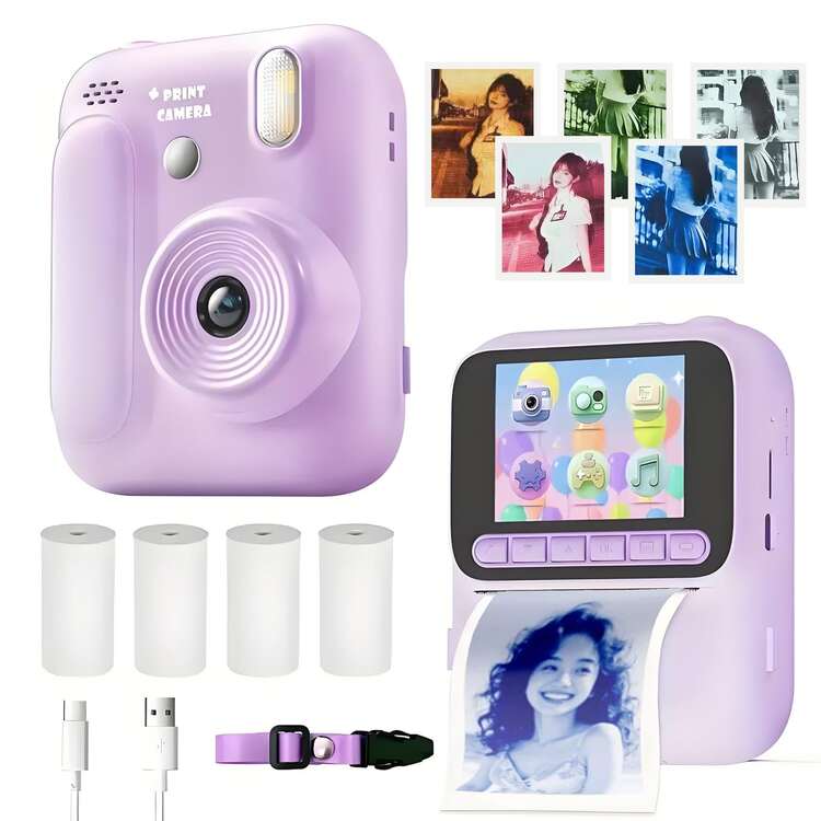 Cámara de impresión instantánea, impresora fotográfica portátil y multifuncional de colores para estudiantes, calidad de 1080P, batería de litio recargable, doble alimentación USB, función de impresión de etiquetas, enfoque automático y ligera impresión de fotos - Adecuada para ocasiones especiales y regalos - Multicolor - Añade 15