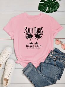 Camiseta Feminina Babylook T Shirt Estilosa Moda Praia Coqueiros Verão Varias Cores 100% Algodão - Rosa Bebê - Visão 2