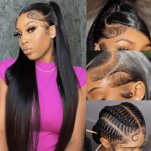 Bone Straight 200% Density Easy To Wear 4x4 5x5 Pre Cut Glueless Lace Closure Wig 13x4 13x6 HD Lace Front Wig Pre Plucked Short Bob Straight Hair Heat Resistant Synthetic Mixed Human Blended Hair Natural Black Pre-Cut Lace Is Available For 4*4 5*5 - Natural & Black - View 6