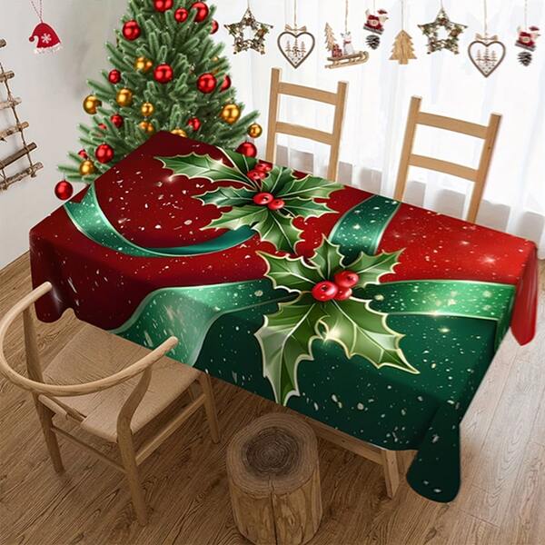 1/20pcs Christmas Tablecloth, Red And Green Background, Berry And Green Leaf Pattern Printed Design Tablecloth, Table Decoration And The Perfect Gift For Friends, Suitable For Home Kitchen, Restaurant Terrace Indoor And Outdoor Use During The Christmas Season