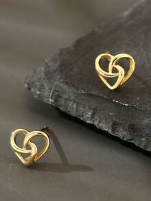 一对优雅简约交织小巧心形耳钉 - 金黃色 - 查看 1