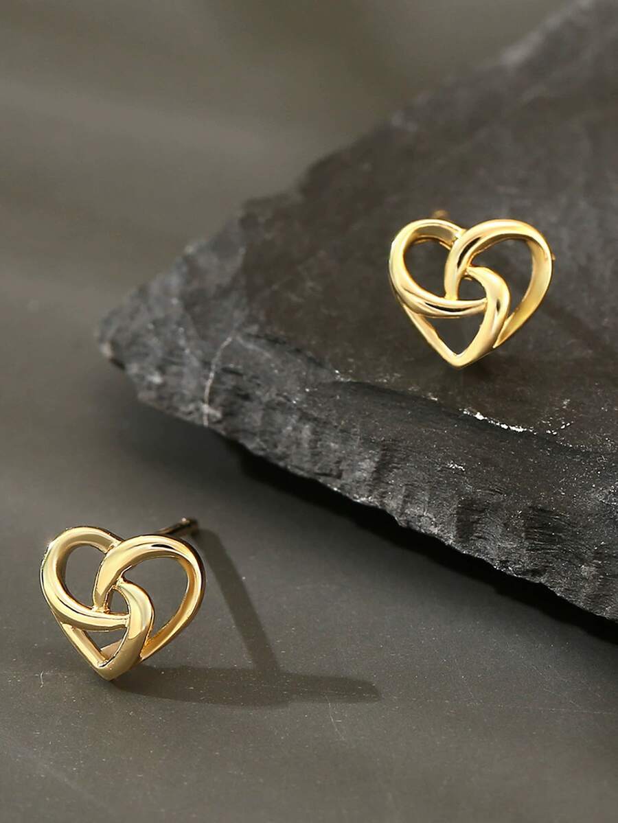一对优雅简约交织小巧心形耳钉 - 金黃色 - 查看 1
