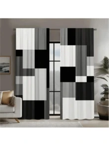2pcs Modern Geometric Black - White - Gray Patchwork Curtains Upgrade Your Space With These Chic Patchwork Curtains! Featuring A Bold Mix Of Black, White, And Gray Geometric Blocks, They Bring A Contemporary, Artistic Vibe. Perfect For Modern Living Rooms, Offices, Or Any Area Needing A Stylish, Minimalist Touch. Durable Fabric, Easy To Match. - Multicolor - View 11