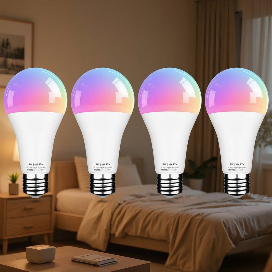 4pcs,  Smart Bulbs, Smart Light Bulbs Led Lights For Bedroom, Wireless Light Bulbs With App Control, RGBCW LED Color Changing BuIbs,  Smart Home Devices With Dimmable Music Sync, A19 E26 9W 800LM. - 查看 1