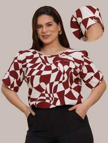 Plus Size Women's Elegant Short Sleeve Tulip Blouse Large Sizes G1 G2 G3 - Red Print - View 1