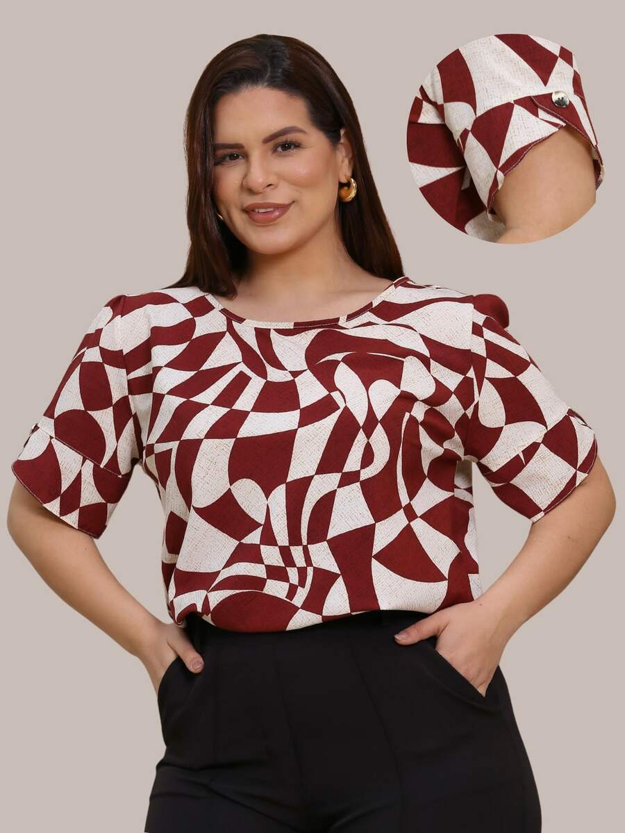 Plus Size Women's Elegant Short Sleeve Tulip Blouse Large Sizes G1 G2 G3 - Red Print - View 1