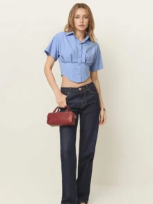 Women's Casual Solid Color Short Sleeve Crop Top Shirt, Spring/Autumn Outfits For Women, Business Casual, Vacation