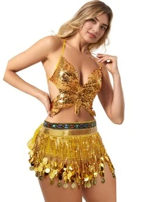 Conjunto de atuendo de actuación con lentejuelas y flecos, sujetador colorido + cadena para la cintura, disfraz de escenario de discoteca, disfraz de danza del vientre - Multicolor - Ver 8