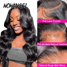 WOWANGEL Melt Skin 13x6 Real HD Full Lace Frontal Wig Human Hair Body Wave Jet Black Color Glueless Lace Frontal Wigs Natural Hairline 18-28 Inch 250 High Density Brazilian Remy Hair Invisible Swiss HD Lace Wig Human Hair Pre Plucked For Women Ready To Ship Wet And Wavy Wigs Bleached Knots