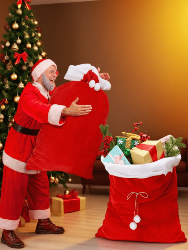 Mochila de Papá Noel + Bolsa con cordón y bola linda, bolsa de compras navideña grande de peluche reutilizable, bolsa de regalo, bolsa de caramelos, bolsa de Nochebuena, adecuada para embalaje de regalos, centro comercial, empresa, Navidad. Hay dos tamaños disponibles: 50 * 70 cm / 70 * 100 cm Decoraciones navideñas Pijamas navideños Regalos de Navidad Decoración navideña