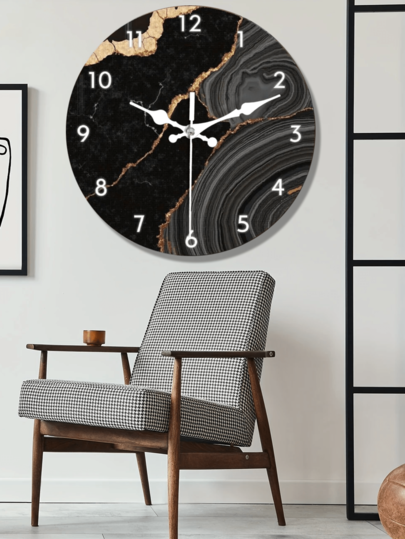1pc Moderne Luxe Zwart Golden Marble Wand Klok Silent Non Ticking Round Wood Frame, Battery Operated (Battery Not Included) Elegante Home Art Lovers, Sophisticated Room view 5