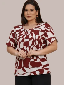 Plus Size Women's Elegant Short Sleeve Tulip Blouse Large Sizes G1 G2 G3 - Red Print - View 2