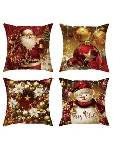 Juego de 4 fundas decorativas de terciopelo con diseños navideños de Papá Noel, muñeco de nieve y flor de Pascua, con cierre de cremallera contemporáneo en rojo y dorado, de poliéster tejido de 18x18 pulgadas, lavables a máquina para sofá, dormitorio y sala de estar - No incluye relleno, decoración de otoño, decoración de temporada