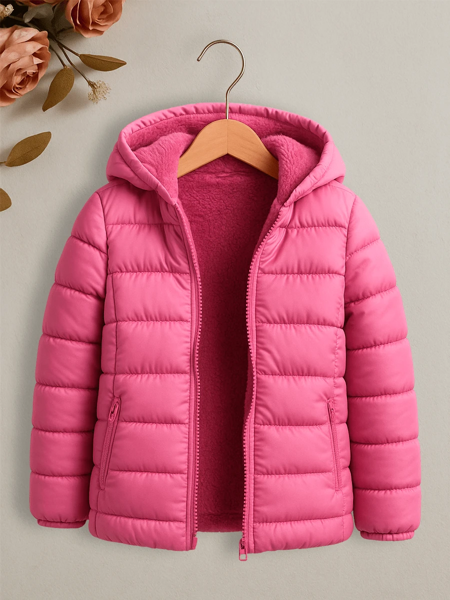 Chamarra acolchada con capucha para niña, abrigo de invierno con forro de peluche - Rosa Fucsia - Ver 1