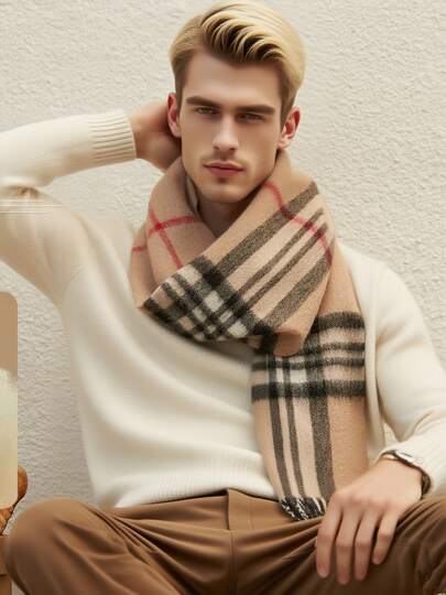 1 件经典格子围巾，适合情侣，男女通用温暖男友礼物，百搭秋冬时尚，高品质可翻转韩式颈保暖毯男士配饰男士围巾