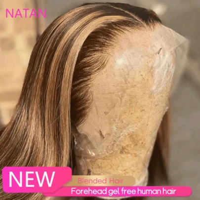 NATAN 无胶蜂蜜金色编织无胶渐变鲍勃蕾丝假发前额 8 英寸，13x4 直发真人前发假发 180% 密度 12A 级短鲍勃前发假发，预先拔下婴儿头发，亮点女士基本款