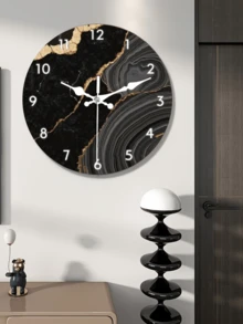 1pc Modern Luxury Black Golden Marble Wall Clock - Silent Non-Ticking Round Wood Frame, Battery Operated (Battery Not Included) - Elegant Home Decor Art Gift For Art Lovers, Christmas, Clock Wall Decor, Sophisticated Design Room Decor