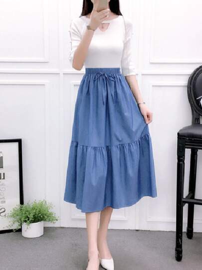 Denim Talla Grande Largo Medio Bodycon Vintage Delgado Patchwork Falda Plisada