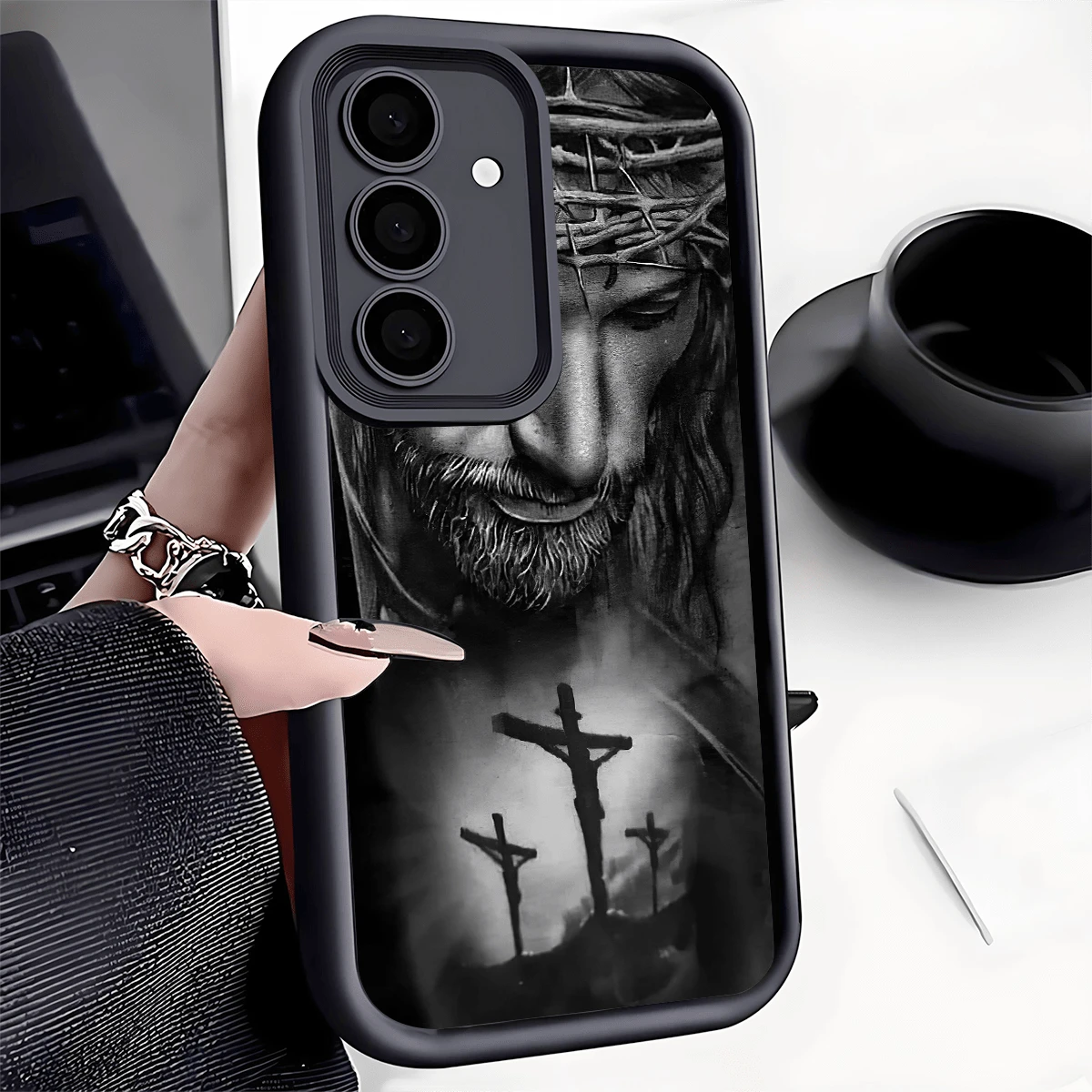 Religious Personalized Jesus Cross Pattern Shockproof Phone Case, Thick Anti-Slip Protective Cover Compatible With IPhone, Compatible With Honor, Compatible With Redmi, Compatible With Galaxy,International Version, Not The Domestic Version - Black - View 1