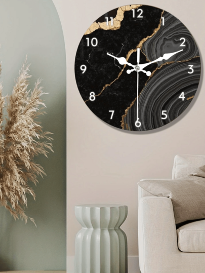 1pc Moderne Luxe Zwart Golden Marble Wand Klok Silent Non Ticking Round Wood Frame, Battery Operated (Battery Not Included) Elegante Home Art Lovers, Sophisticated Room view 4