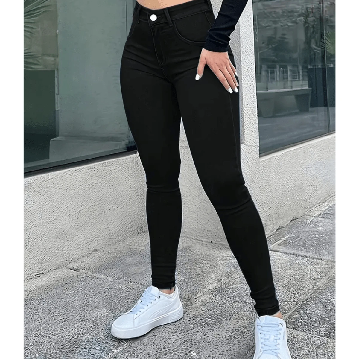 Women's Skinny High-Waisted Black Jeans - 黑色 - 查看 1