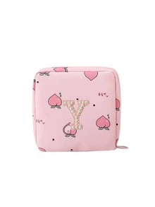A-Z First Letter Towel Pearl Embroidered Portable Sanitary Napkin Storage Bag - Large Capacity Waterproof Cartoon Design - Suitable For Girls In Their Menstrual Period! Waterproof Cosmetic Travel Bag, Coin Wallet, Teen Girl Cash Bag