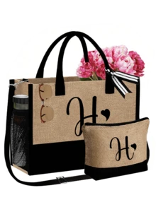 两件套女士沙滩手提包，配有可拆卸肩带，可定制A-Z字母，超大容量。肩带可根据个人喜好拆卸，包含化妆包和拉链小袋，可存放洗漱用品、零钱或文具。 - 彩色 - 查看 49