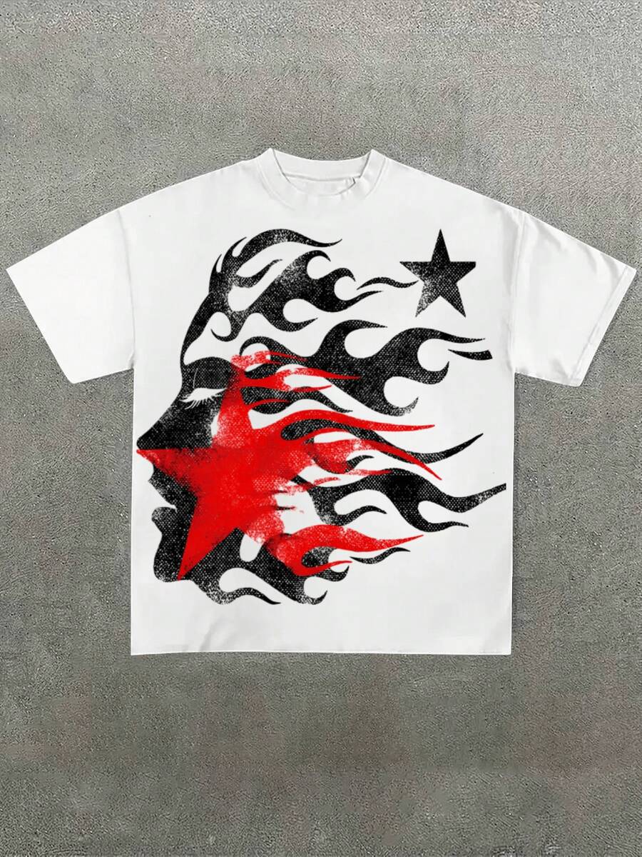 Flaming Star & Face Graphic  T - Shirt, Flame & City Style, Round Neck Short Sleeve Casual Cotton T-Shirt, Summer, Back To School - trắng - Xem 1
