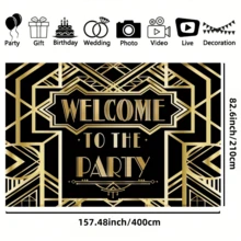 1pc Retro Theme Party Welcome Backdrop, Made Of Polyester, Black & Gold Theme, Black & Gold Geometric Pattern, Suitable For General Party Decor Background, Photo Prop - Multicolor - View 14