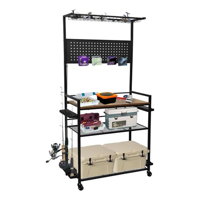 CuisinSmart Soportes para varillas de pesca para garaje, estante de 3 niveles para 12 varillas con ganchos y tablero perforado, organizador de almacenamiento de equipos con tablero perforado para caja de aparejos con soporte para carretes