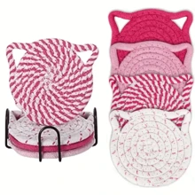 4 Stück/Set Katzenohr Untersetzer, handgefertigte leuchtend rosa geflochtene Untersetzer, rutschfeste und saugfähige Getränkeuntersetzer (mit Halter), Heimdekoration, Geschenk zum Valentinstag und Muttertag