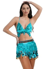 Conjunto de atuendo de actuación con lentejuelas y flecos, sujetador colorido + cadena para la cintura, disfraz de escenario de discoteca, disfraz de danza del vientre - Multicolor - Ver 3