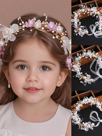 1pc Flower Girl Headdress, Korean Princess Forest Style Flower Crown Headdress, Suitable For Wedding, Party, Formal Ceremony Plate Hair Decoration, Headband Flower Wreath Pearl Hairband, Sweet European Wedding Children's Headdresses