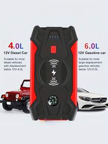 1 Stück Multifunktionaler tragbarer Autostarter für Notfälle, ausgestattet mit Kompass und kabellosem Ladegerät, Starthilfe für Autobatterie, kompatibel mit verschiedenen Modellen, der beste Helfer in Notfallsituationen