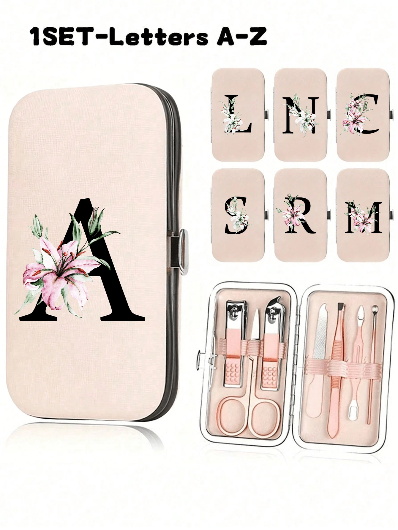 7件套粉色旅行美甲套装，印有百合花和A-Z字母图案。这款宽敞的美甲收纳盒包含不锈钢工具、一把超锋利防溅指甲钳，设计经典。非常适合随身携带美甲护理必需品，例如旅行、户外活动、寄宿学校、居家使用，也可作为圣诞礼物。 - 彩色 - 查看 1