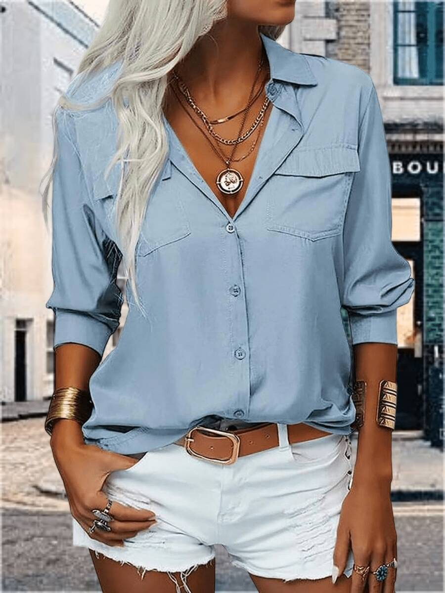 Womens Basic Solid Lapel Long Sleeves Button Down Casual Office Blouse Shirt Top - 淺藍色 - 查看 1