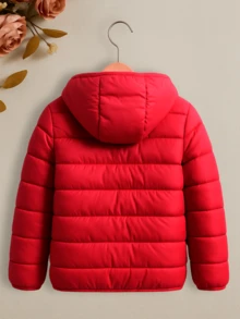 Chamarra acolchada con capucha para niña, abrigo de invierno con forro de peluche - Rojo - Ver 2