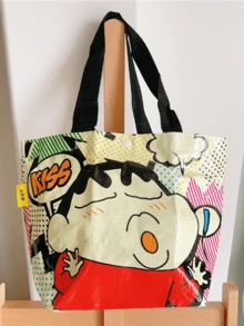 黑色蜡笔小新紧凑型手提包，可折叠扁平手提包，轻质棉质帆布，大胆人物印花，加固手柄，内有拉链口袋，可容纳杂货、书籍、旅行必需品，可重复使用，可机洗，适合动漫粉丝和收藏家的礼物 - 黑色 - 查看 1