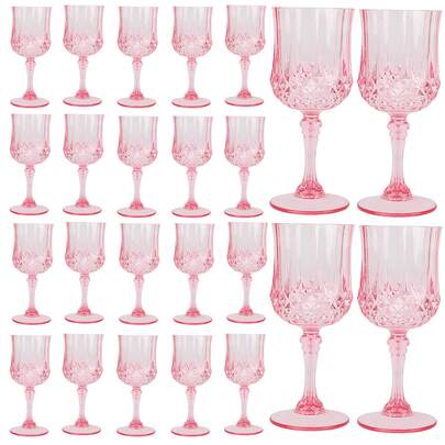 Plastic Wine Glasses,Plastic Goblets Vintage Style Cordial Drinking Glasses For Wedding Reception, Grand Event Party Supplies ( Pink)