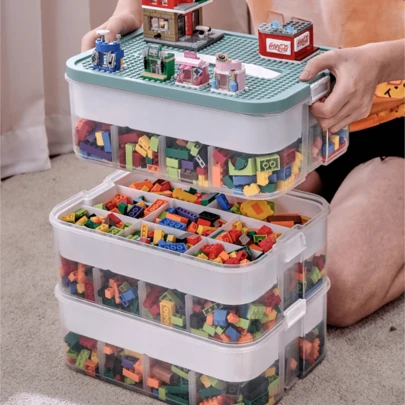 Lislark Storage Boxes With Handle For Building Blocks, 3-Tier Stackable, Adjustable Compartments